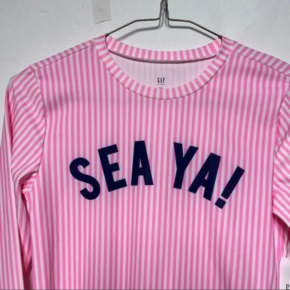 Gap Kids Sea Ya Graphic Rash Guard Swim Shirt Long Sleeves Pink White Stripes XX